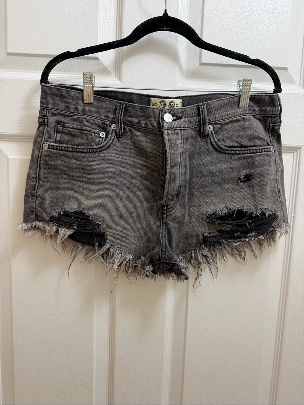 Free People Distressed Gray Frayed Denim Shorts